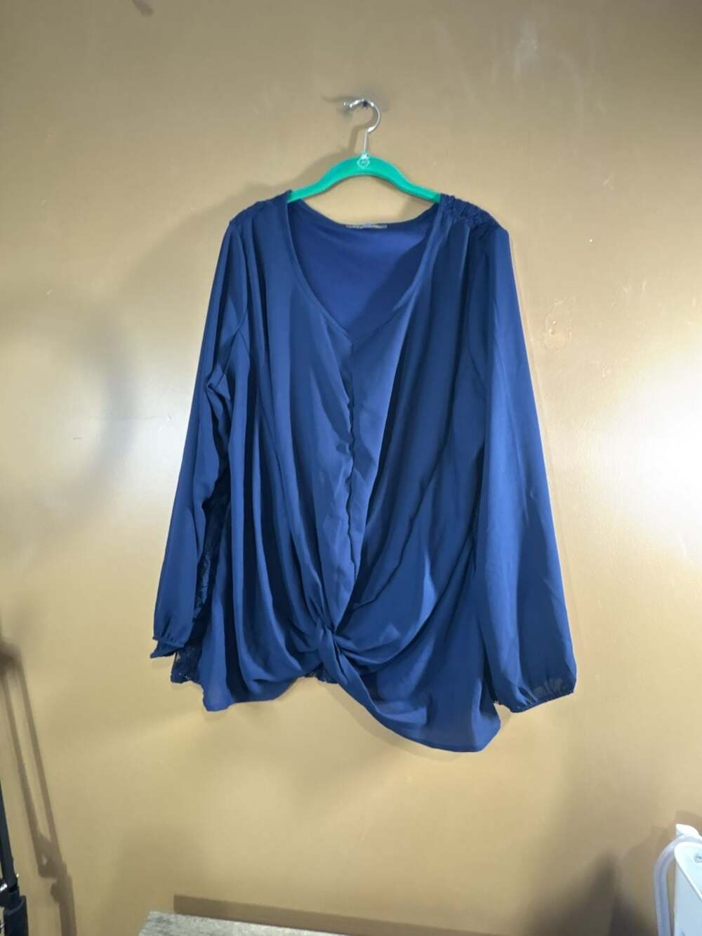 Kate & Mallory 1X Blue Long Sleeve Front Knot Chiffon Blouse with Lace Back